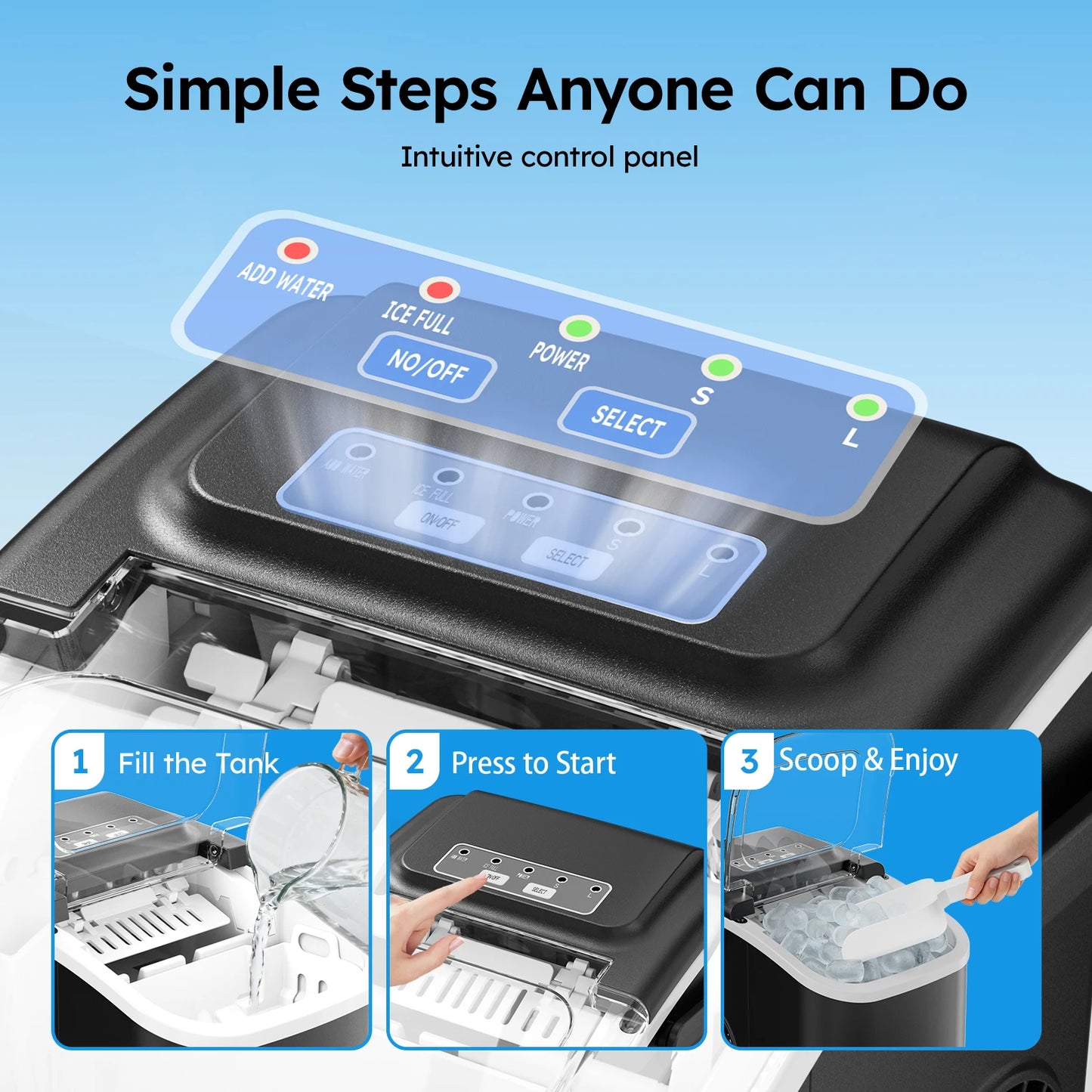 Countertop Ice Maker Machine with Handle, 26 lbs/24H, 8 Cubes in 6 Mins, Auto-Cleaning Portable Ice Maker Machine for Home RV