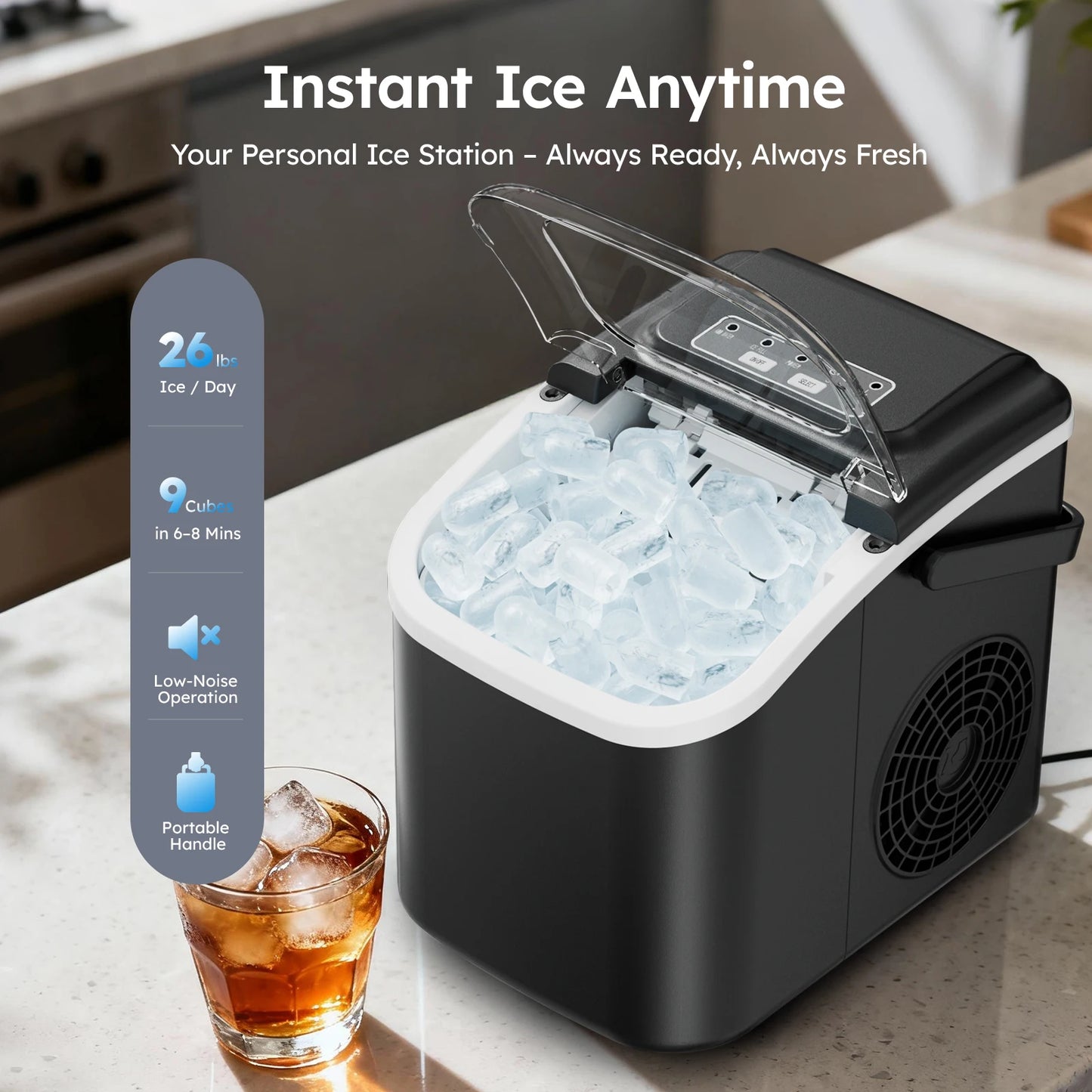 Countertop Ice Maker Machine with Handle, 26 lbs/24H, 8 Cubes in 6 Mins, Auto-Cleaning Portable Ice Maker Machine for Home RV