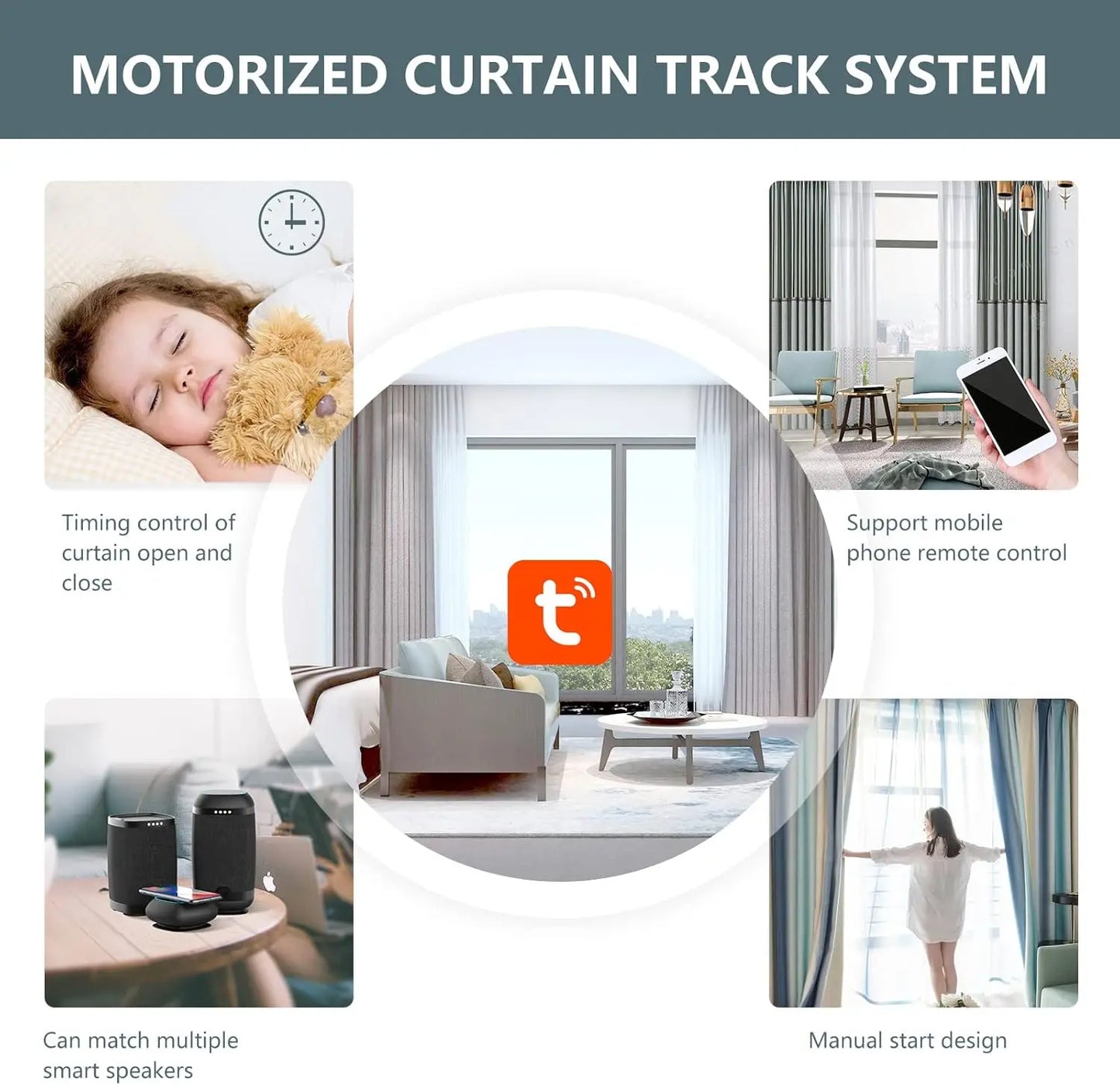 Smart Curtain Tracks WiFi Control by Phone, Support Voice Control for Alexa, Google Home, Tuya App Remote Automated Curtain Smar