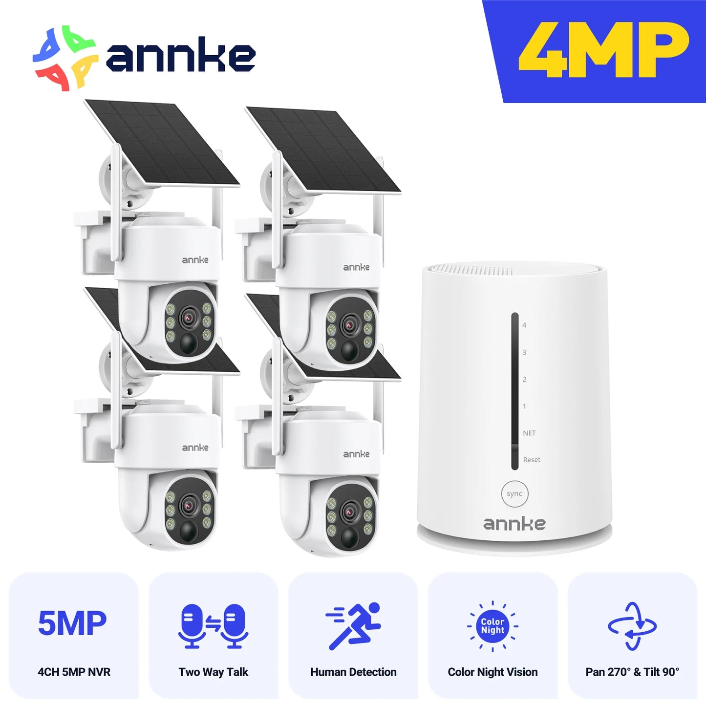 Annke 4MP solar security cameras 4CH Wireless NVR 4mm color night vision camera Audio 2.4G 5.8G dual-band WiFi IP Camera Outdoor