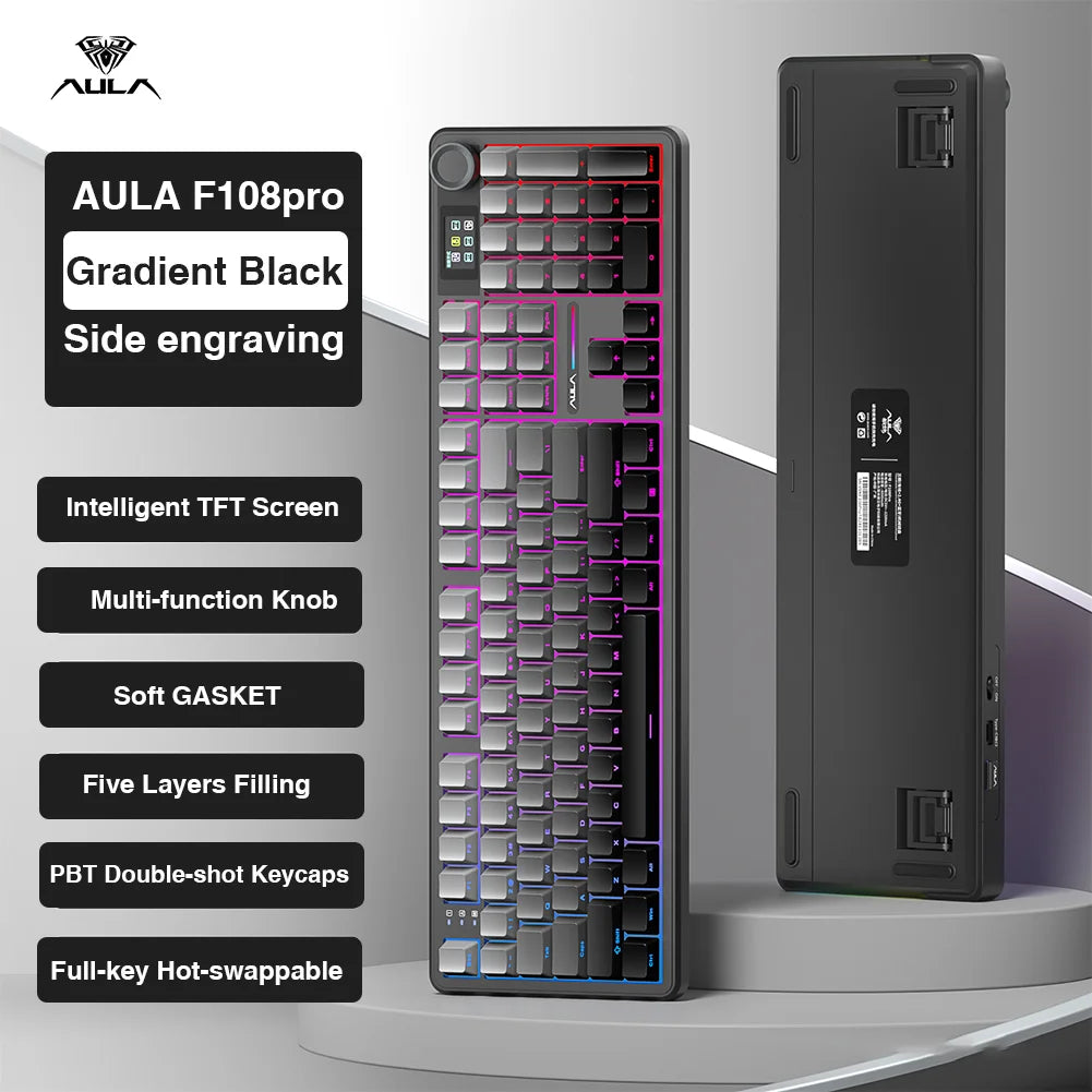 AULA F108pro Wireless Bluetooth Keyboard Macro Gaming keyboard Gasket Hot-swap Full Size Keyboard with TFT Smart Display