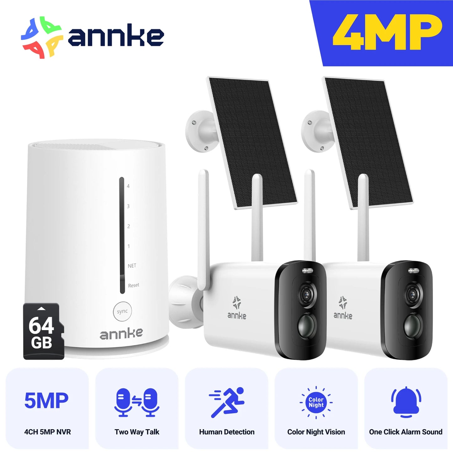 Annke 4MP solar security cameras 4CH Wireless NVR 4mm color night vision camera Audio 2.4G 5.8G dual-band WiFi IP Camera Outdoor