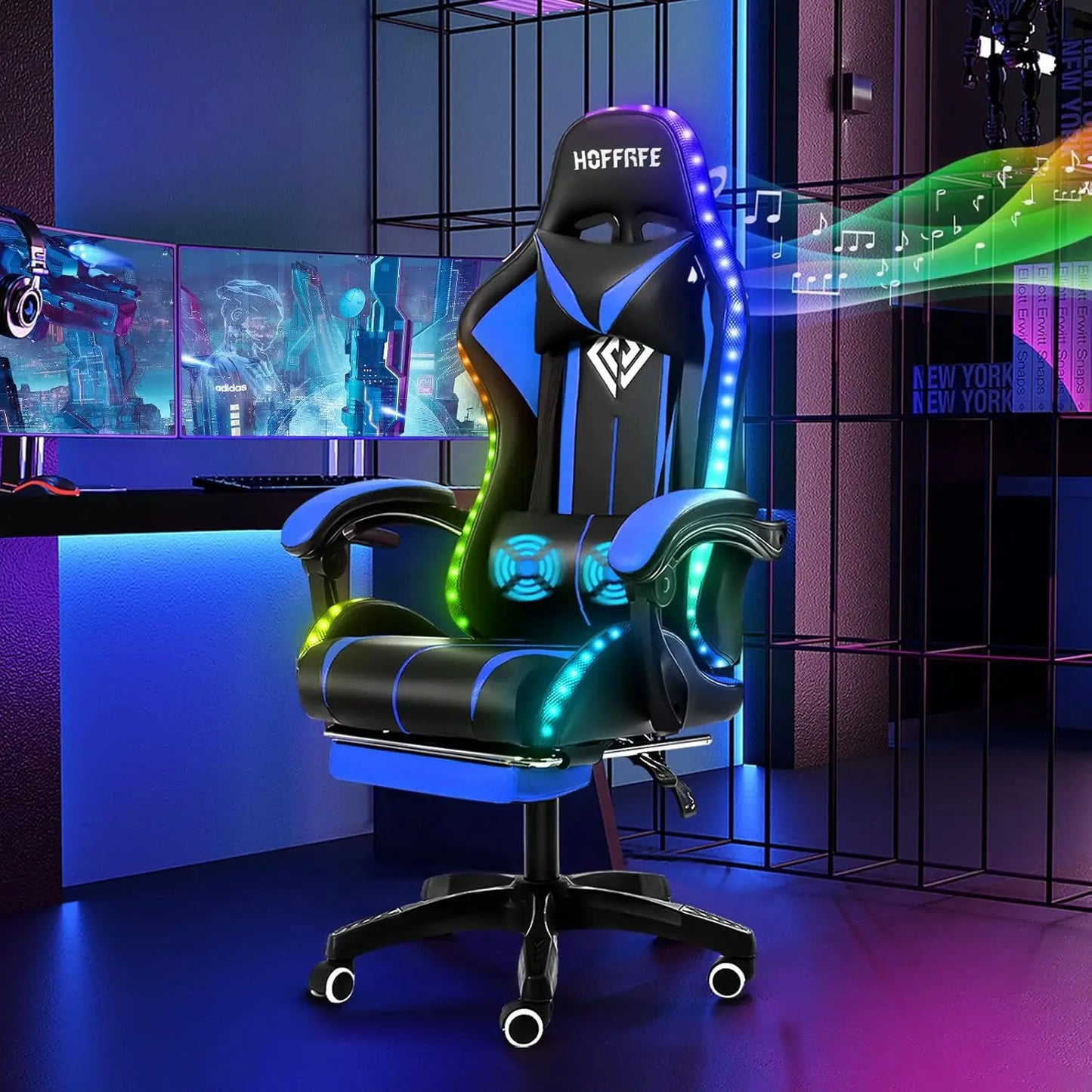 RGB Gaming Chair with Speakers Massage Computer Gaming Chair with LED Lights and Footrest High Back Video Game Chair
