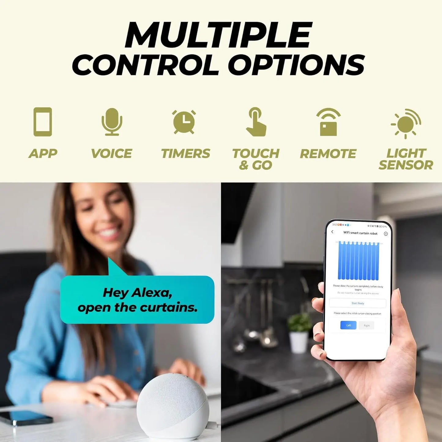 Smart Curtain Opener with Remote Control, High Performance Motor for Roman, T/U-Shaped Tracks Automated Opening and Closing (WiF