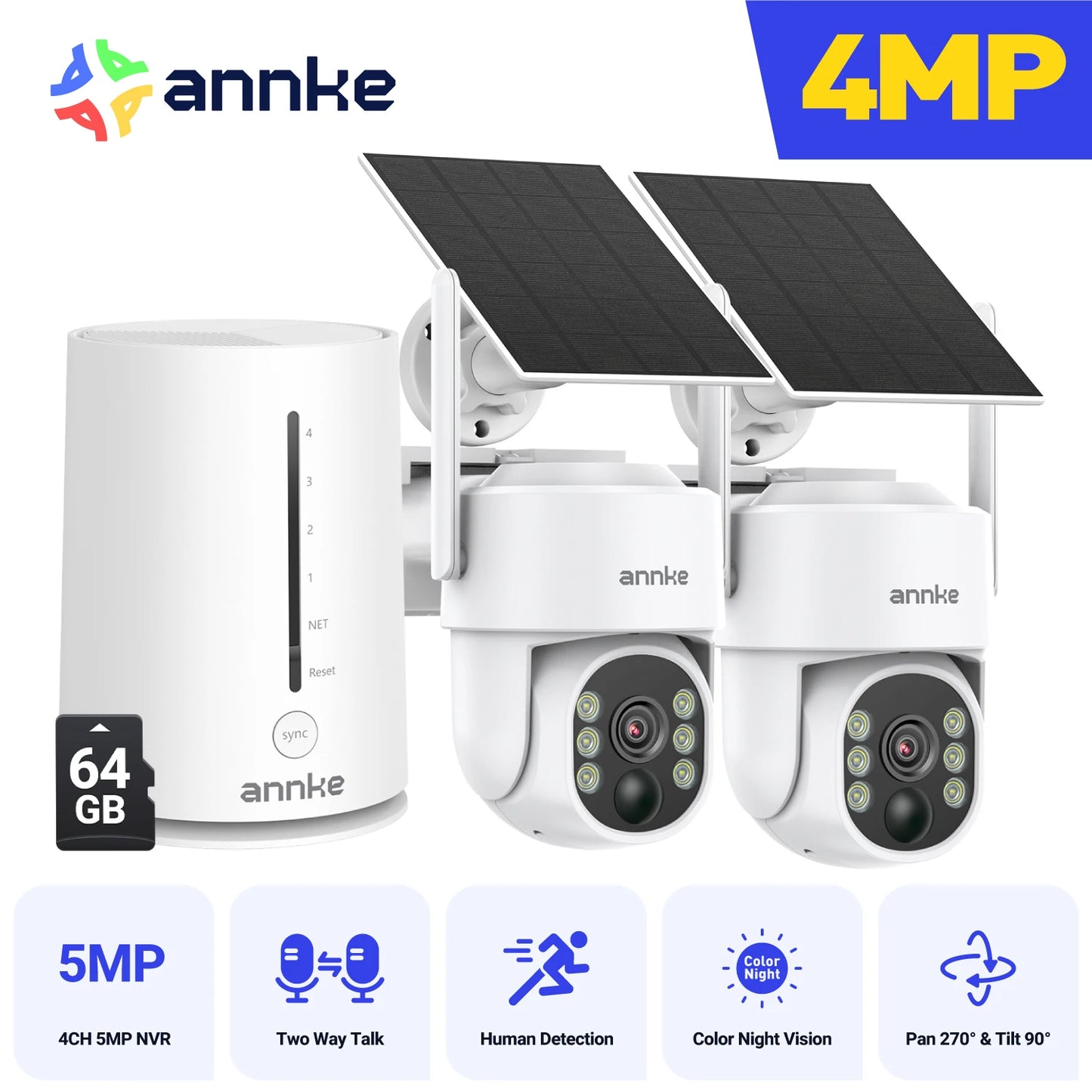 Annke 4MP solar security cameras 4CH Wireless NVR 4mm color night vision camera Audio 2.4G 5.8G dual-band WiFi IP Camera Outdoor