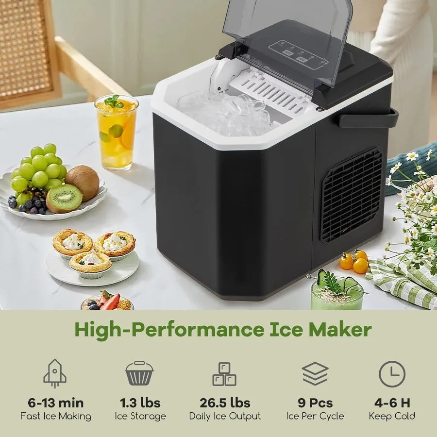 Countertop Ice Maker Portable Ive Making Machine 6-13 Mins 9 Cubes 26.5 lbs/24 H 2 Sizes Auto-Cleaning Function Ice Machine w/B