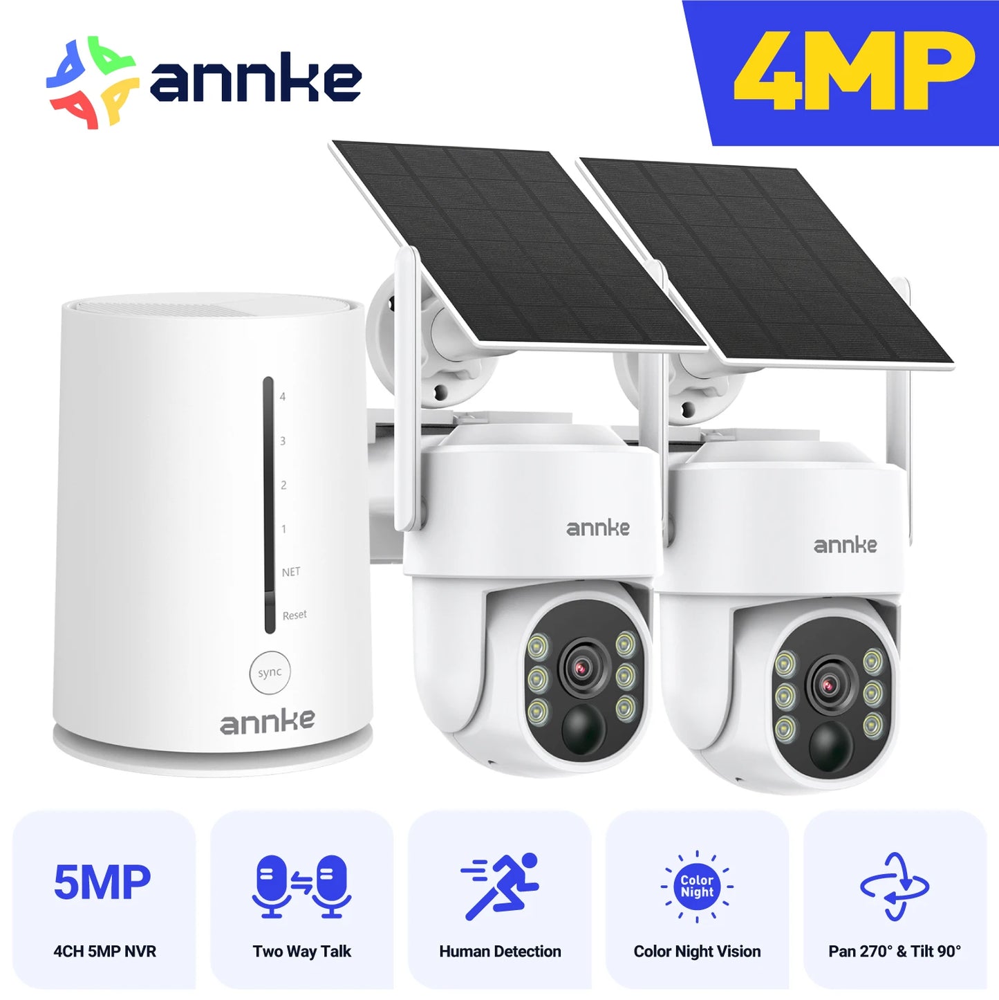 Annke 4MP solar security cameras 4CH Wireless NVR 4mm color night vision camera Audio 2.4G 5.8G dual-band WiFi IP Camera Outdoor
