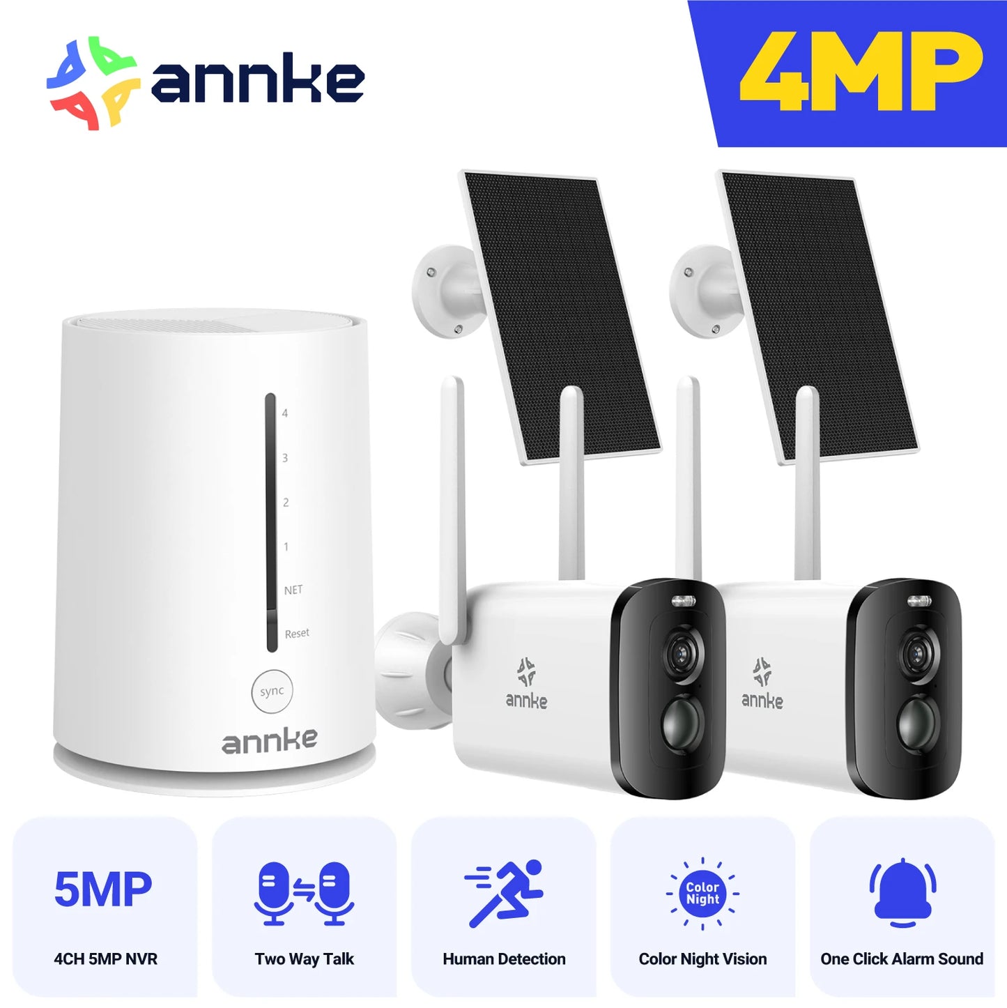Annke 4MP solar security cameras 4CH Wireless NVR 4mm color night vision camera Audio 2.4G 5.8G dual-band WiFi IP Camera Outdoor