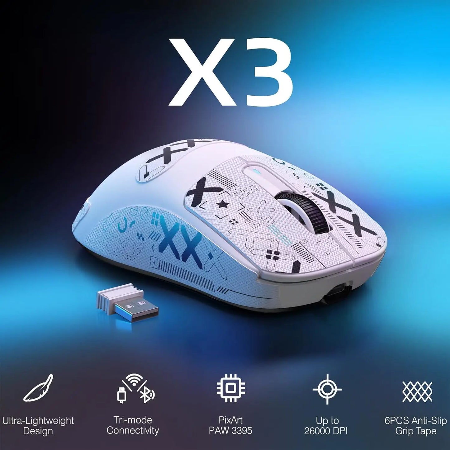 ATTACK SHARK X3 Lightweight Wireless Gaming Mouse, 49g Tri-Mode,PAW3395 26K DPI Sensor, 200h Battery Life,5 Programmable Buttons