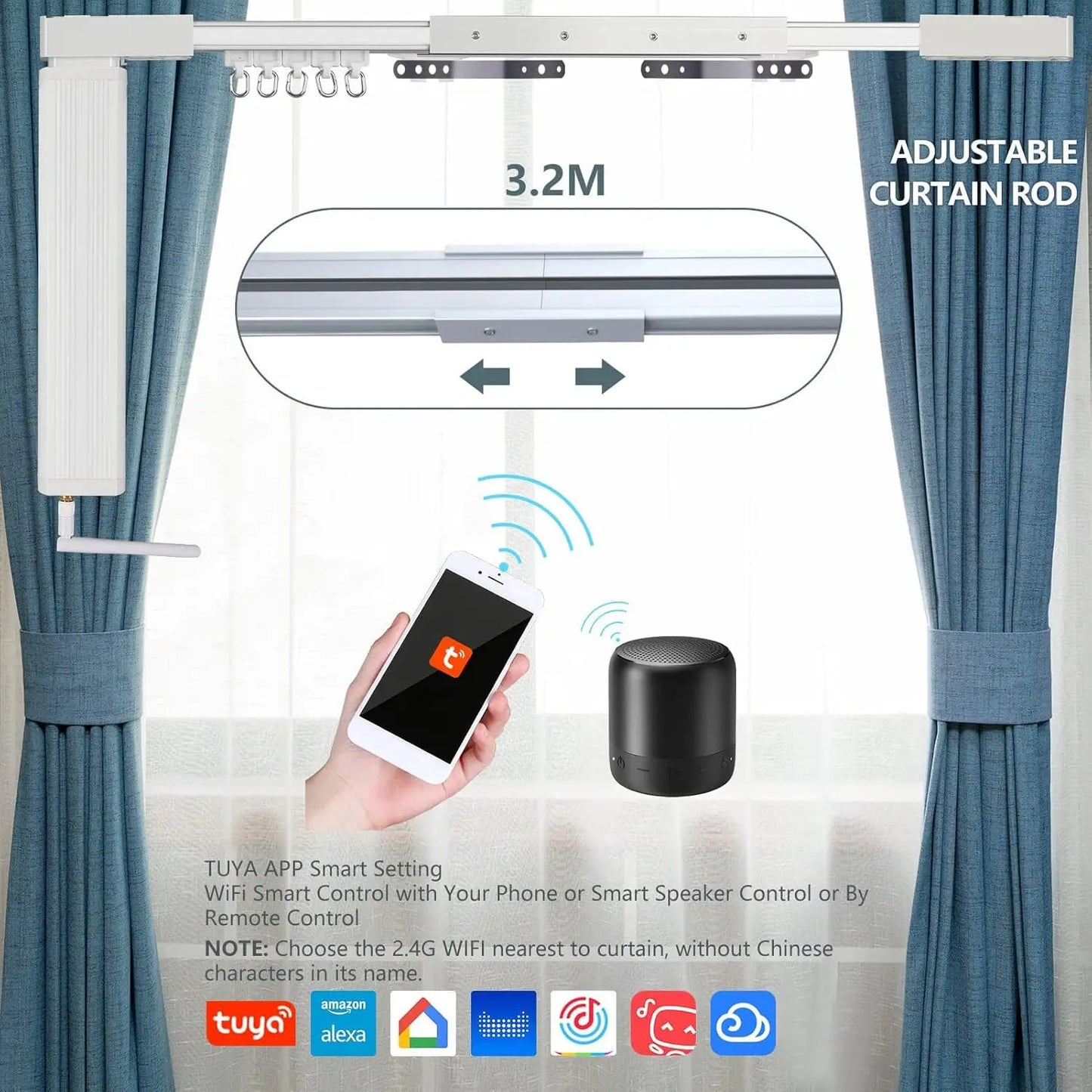 Smart Curtain Tracks WiFi Control by Phone, Support Voice Control for Alexa, Google Home, Tuya App Remote Automated Curtain Smar