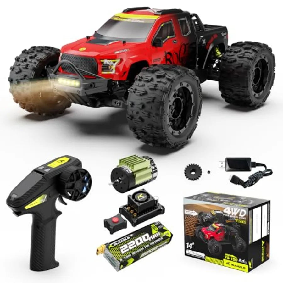 1/14 Brushless RC Cars Monster Truck 50+ MPH 4WD Waterproof Red Ages 8+