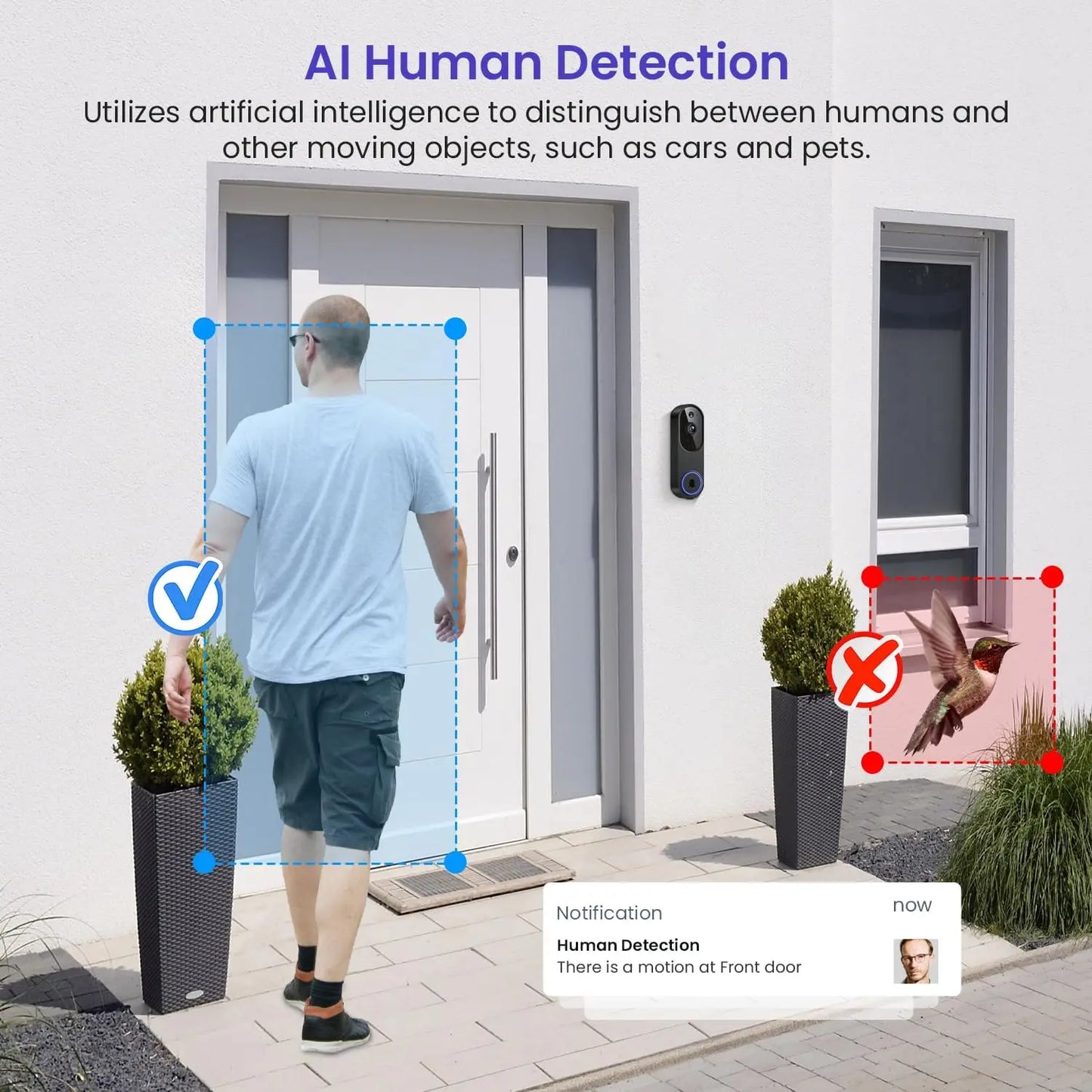 1080p Smart Video Doorbell Camera with AI Motion Detection, Night Vision, Cloud Storage, 2-Way Audio, Battery Powered