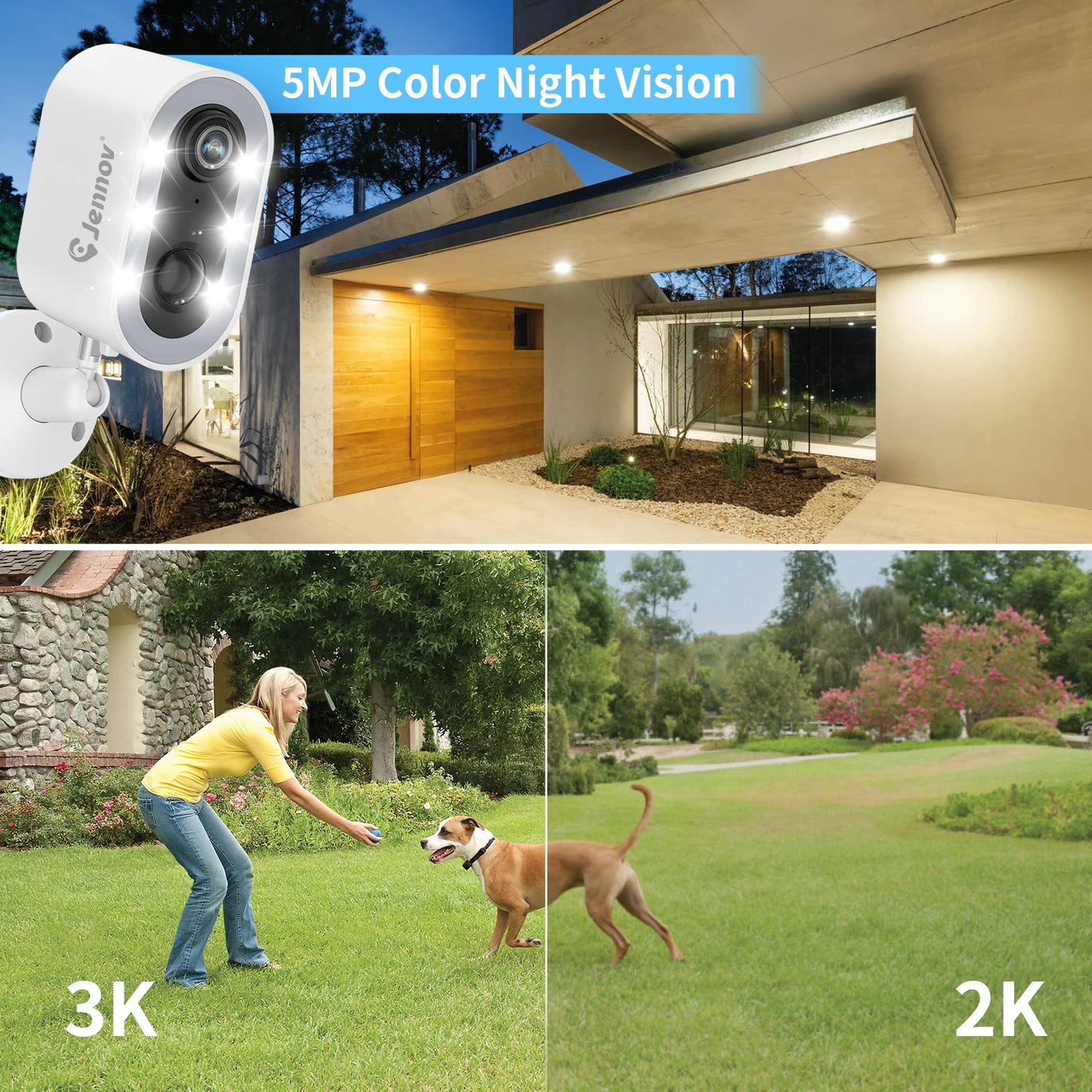 Jennov 5MP Security Camera Wireless WiFi Camera Battery Powered with Color Night Vision Two-Way Talk for Outdoor Home Camera
