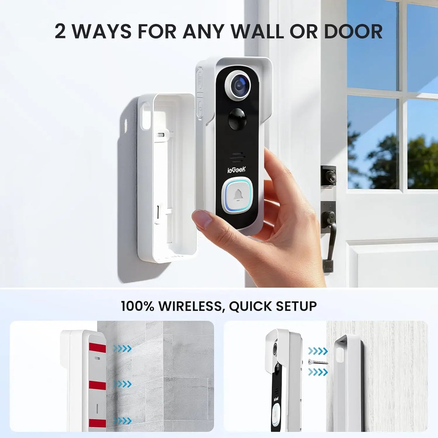 Wireless Doorbell Camera with 2K HD, Motion Detection, 2-Way Talk, No Subscription Required