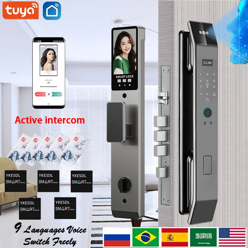 Tuya APP Smart Life APP Control Voice Intercom Smart Lock 3D Face Recognition Fingerprint Password Smart  Door Lock With Camera
