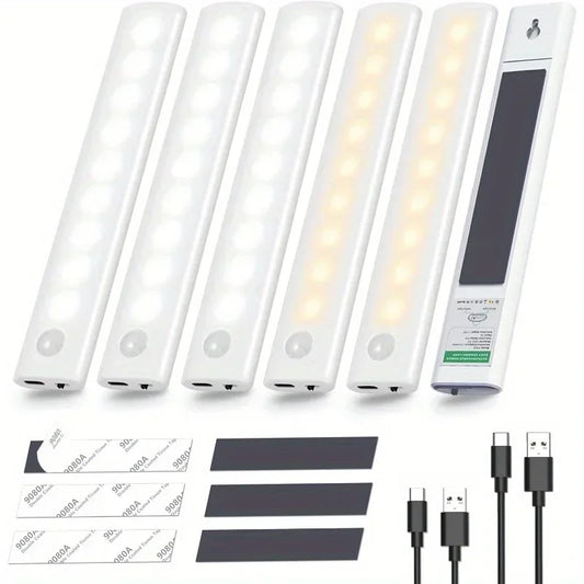 Under Cabinet Lights 1/3/5/6pcs, Motion Sensor Rechargeable  Battery Operated 2 Colors LED Light  for  Closet, Kitchen, Bathroom