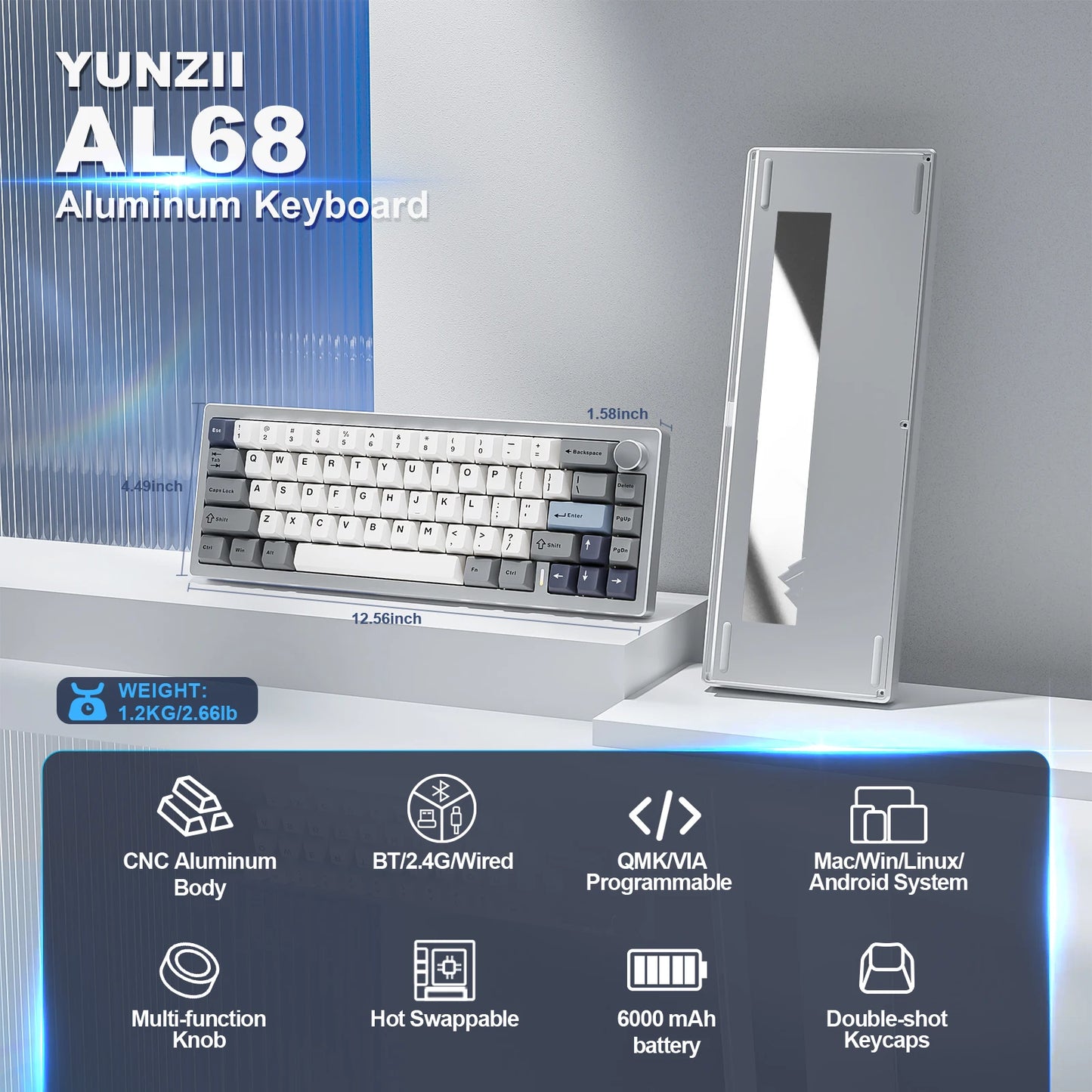YUNZII AL68 Silver Wireless Custom Mechanical Keyboard, QMK/VIA Aluminum Keyboard, Hot Swap Gasket Gaming Keyboard with Knob