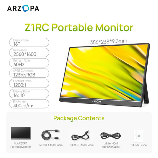 ARZOPA 16inch 2K Portable Monitor 16:10 IPS Screen with type-c mini hdmi Second Display for MAC/Laptop/PC/Xbox/PS4/5/Switch,Z1RC