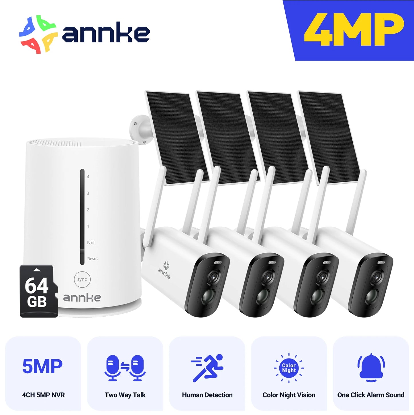 Annke 4MP solar security cameras 4CH Wireless NVR 4mm color night vision camera Audio 2.4G 5.8G dual-band WiFi IP Camera Outdoor