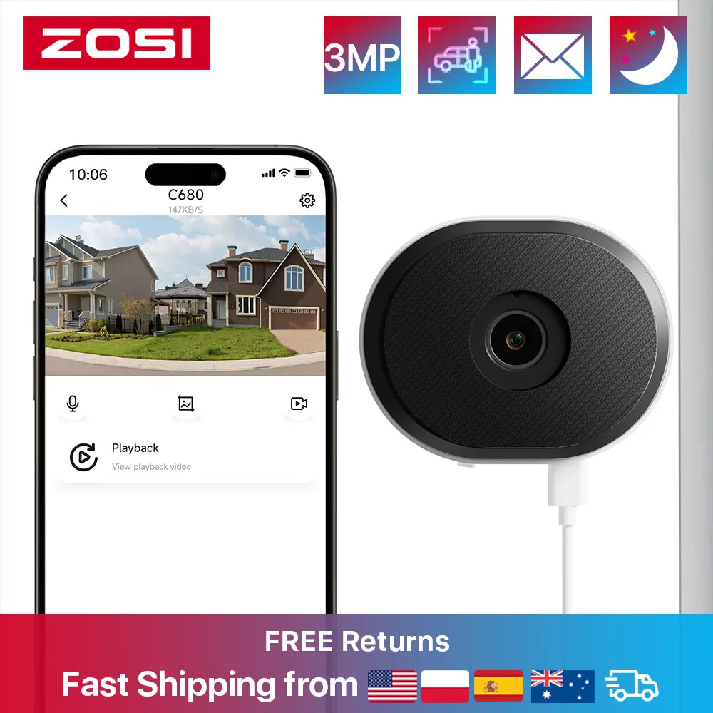ZOSI C680 3MP Window WiFi Surveillance Camera Plug-in Full Color Night Vision  Indoor 2K IP Security Camera for Home