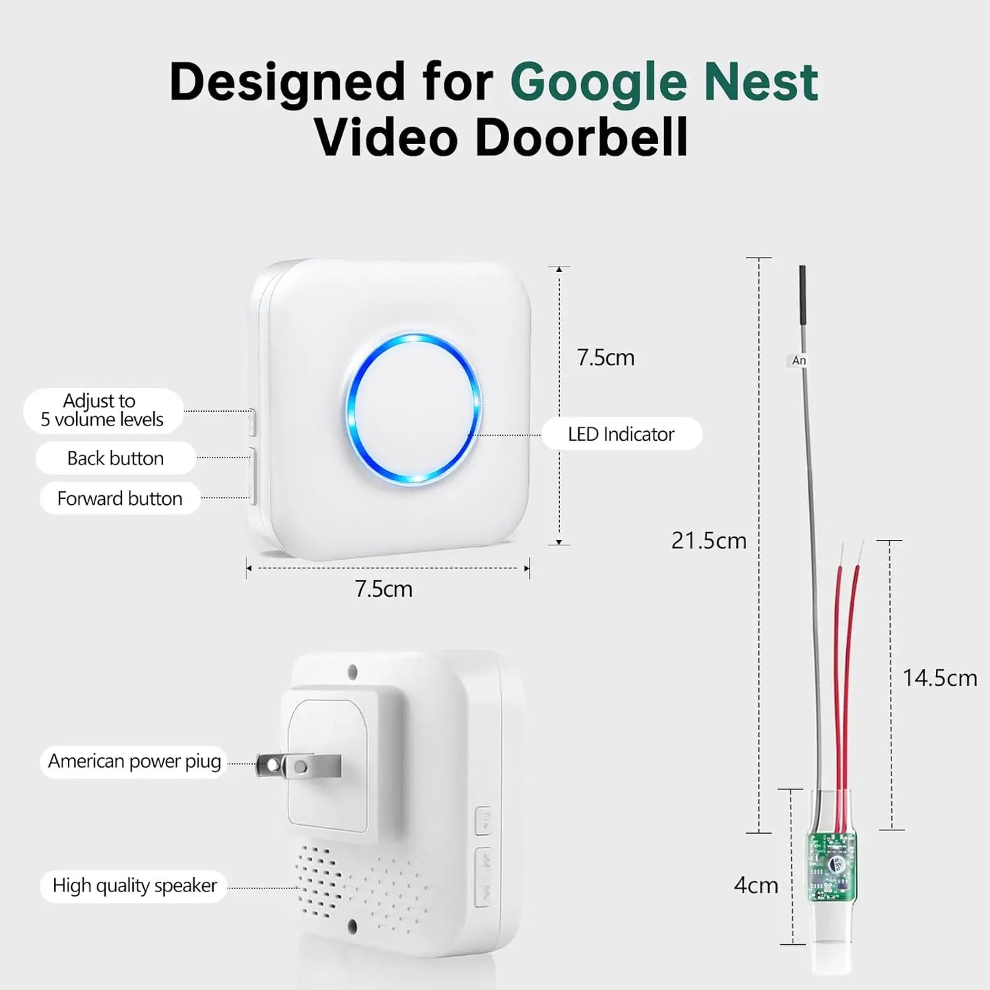 Wireless Doorbell Chime Compatible with Google Nest Doorbells, Extends Range Up to 656 Feet