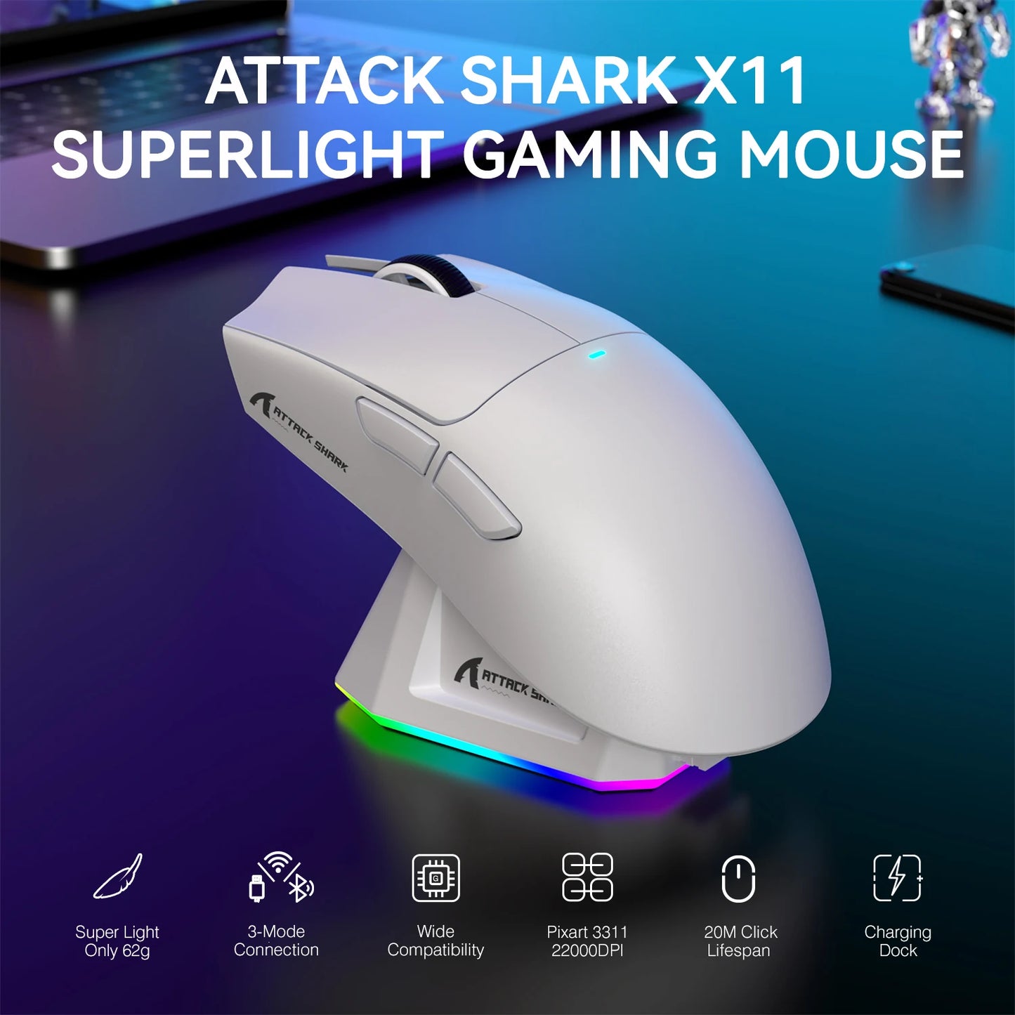 Attack Shark X11 Tri-mode Gaming Mouse with Magnetic Charging Dock, PixArt PAW3311 Sensor, 22K DPI, BT/2.4Ghz/Wired, for PC/MAC