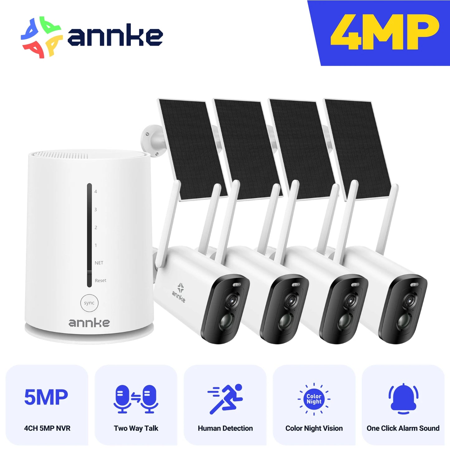 Annke 4MP solar security cameras 4CH Wireless NVR 4mm color night vision camera Audio 2.4G 5.8G dual-band WiFi IP Camera Outdoor