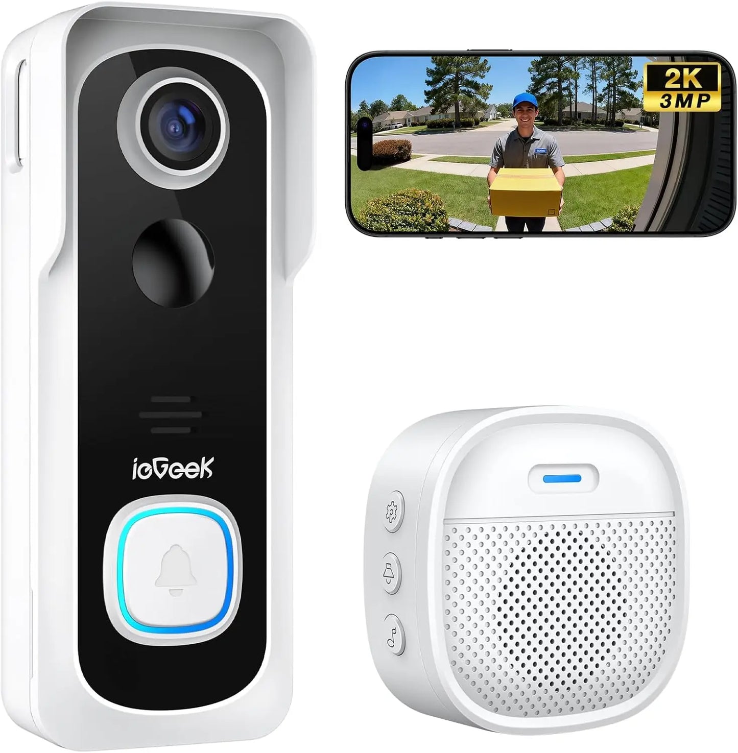 Wireless Doorbell Camera with 2K HD, Motion Detection, 2-Way Talk, No Subscription Required
