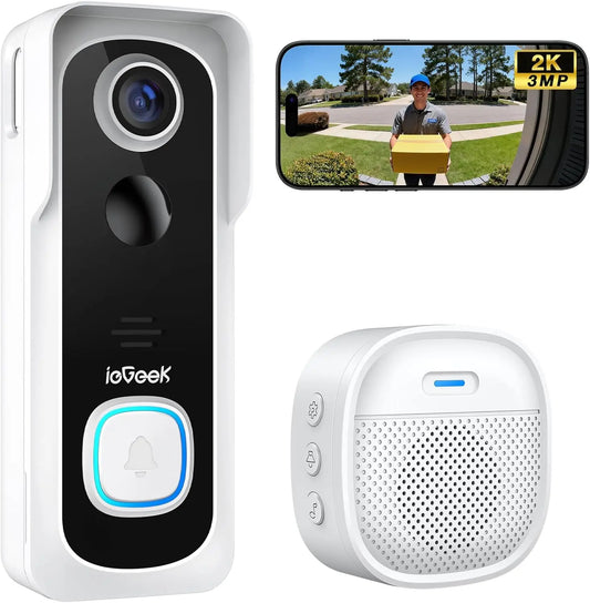 Wireless Doorbell Camera with 2K HD, Motion Detection, 2-Way Talk, No Subscription Required