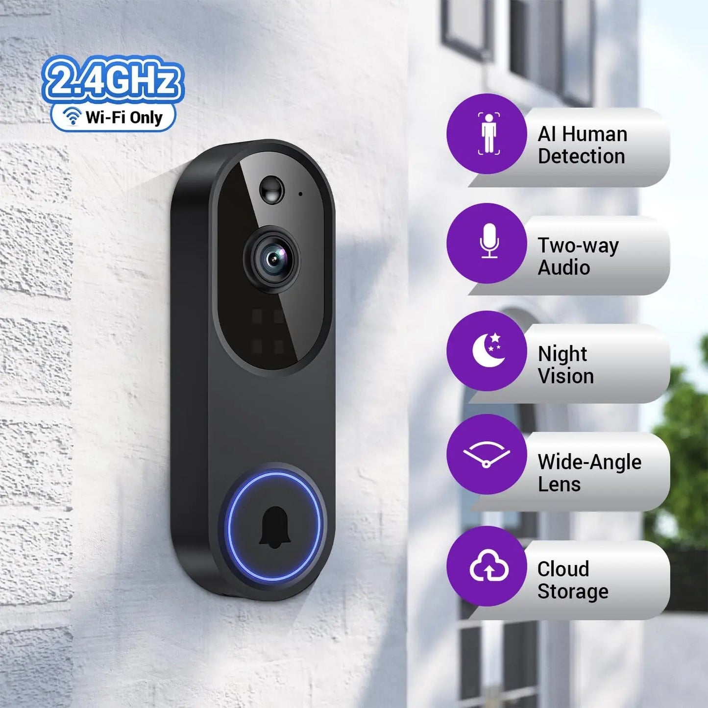 1080p Smart Video Doorbell Camera with AI Motion Detection, Night Vision, Cloud Storage, 2-Way Audio, Battery Powered