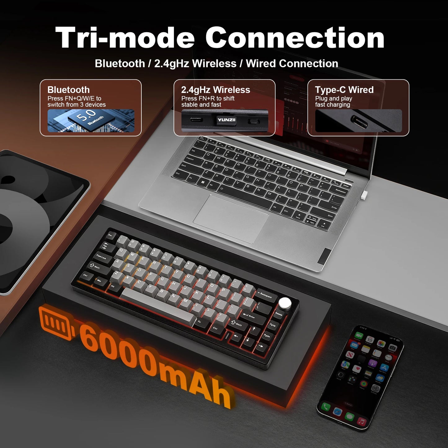 YUNZII AL68 Silver Wireless Custom Mechanical Keyboard, QMK/VIA Aluminum Keyboard, Hot Swap Gasket Gaming Keyboard with Knob