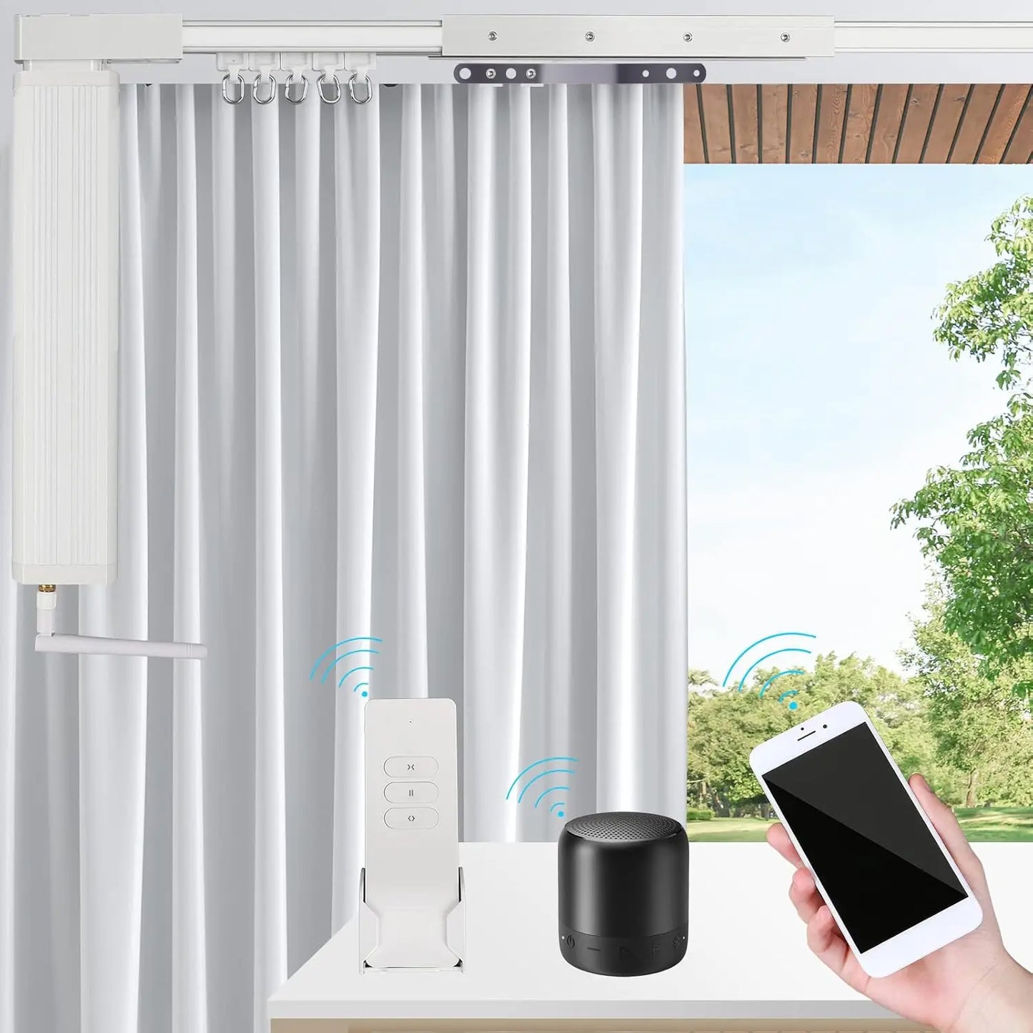 Smart Curtain Tracks WiFi Control by Phone, Support Voice Control for Alexa, Google Home, Tuya App Remote Automated Curtain Smar