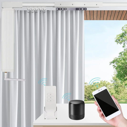 Smart Curtain Tracks WiFi Control by Phone, Support Voice Control for Alexa, Google Home, Tuya App Remote Automated Curtain Smar