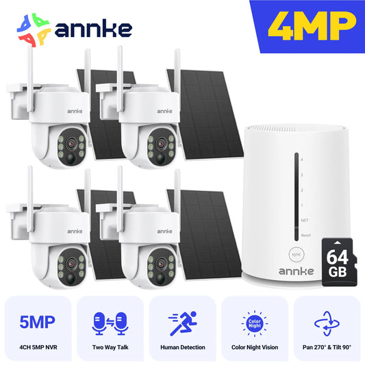 Annke 4MP solar security cameras 4CH Wireless NVR 4mm color night vision camera Audio 2.4G 5.8G dual-band WiFi IP Camera Outdoor