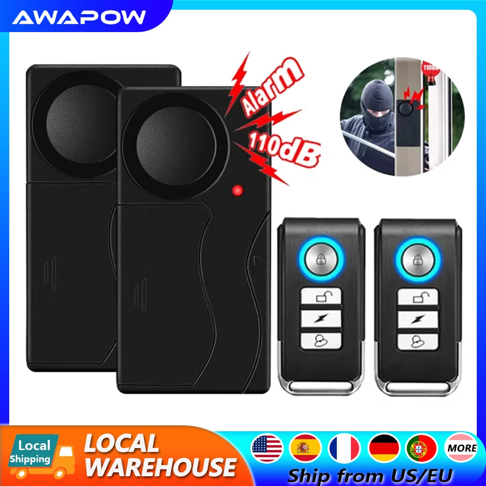 Awapow Wireless Vibration Bike Alarm With Remote Control Anti-Theft Alarm 110dB Loud Bike Door Window Alarm Home Safety System