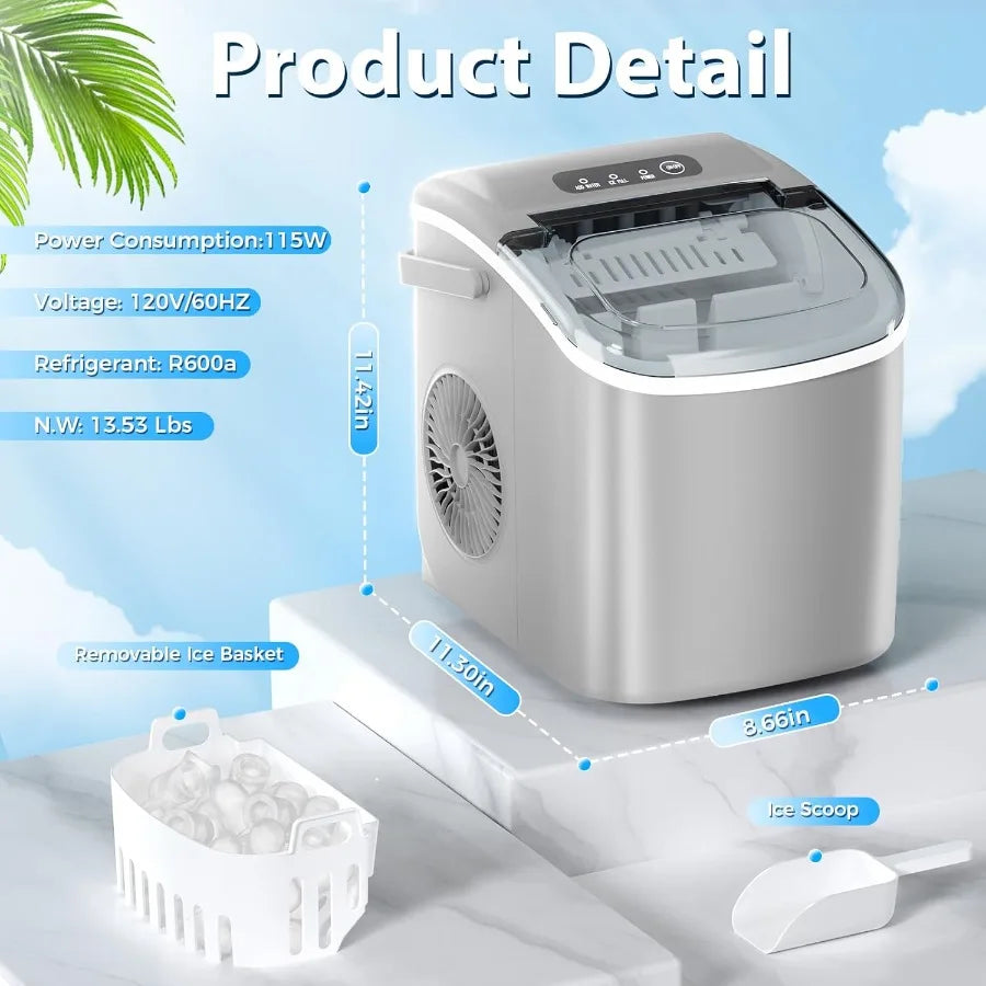 Countertop Ice Maker Portable Self-Cleaning Bullet Ice Machine 26Lbs/24H 9 Ice Cubes in 6 Mins Grey for Kitchen Bar Party RV