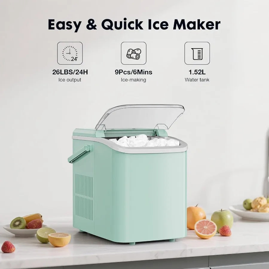 Portable Countertop Ice Maker with Scoop Basket and Handle 9 Ice Cubes in 6 Mins 26.5lbs in 24Hrs 2 Sizes for Home Kitchen Offi