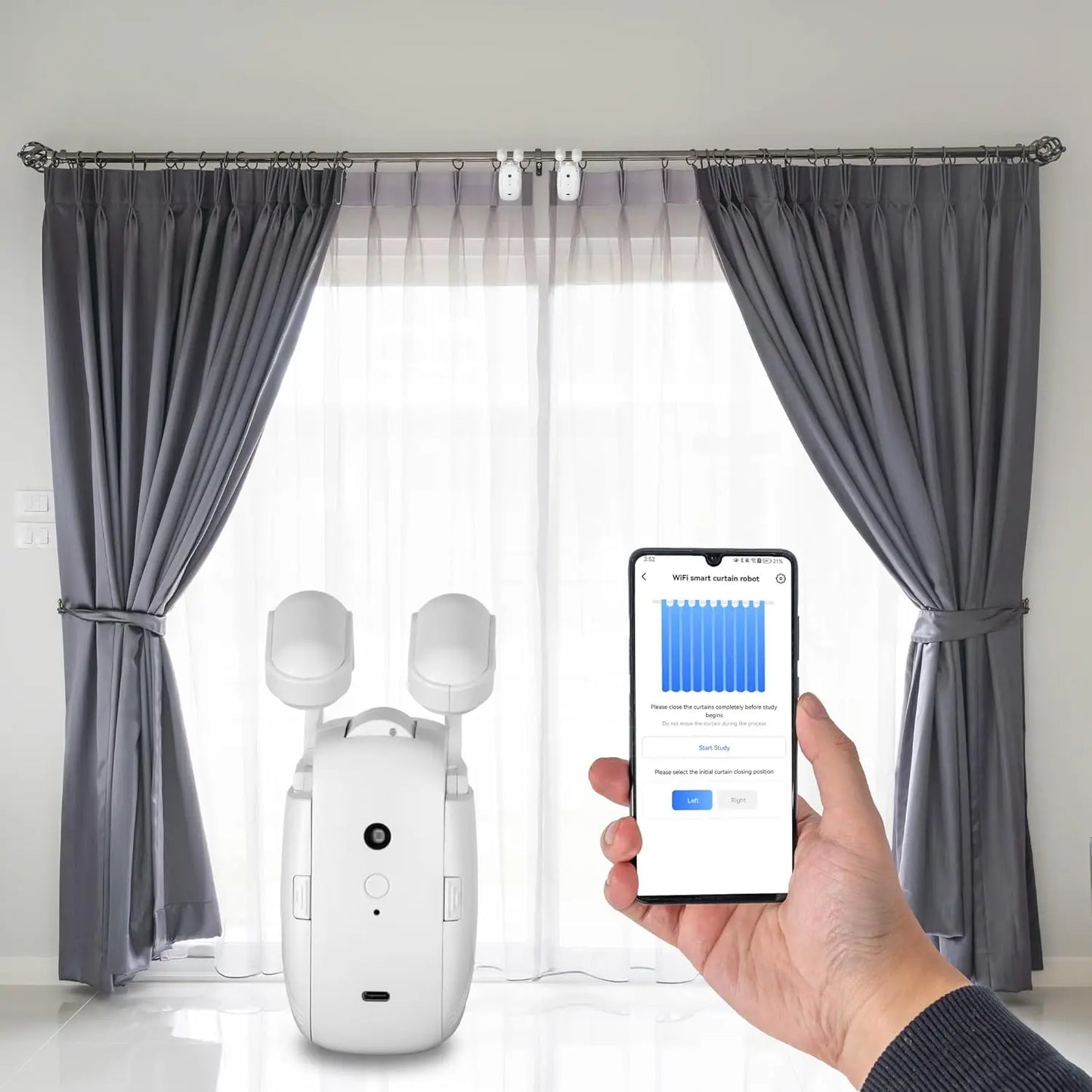 Smart Curtain Opener with Remote Control, High Performance Motor for Roman, T/U-Shaped Tracks Automated Opening and Closing (WiF