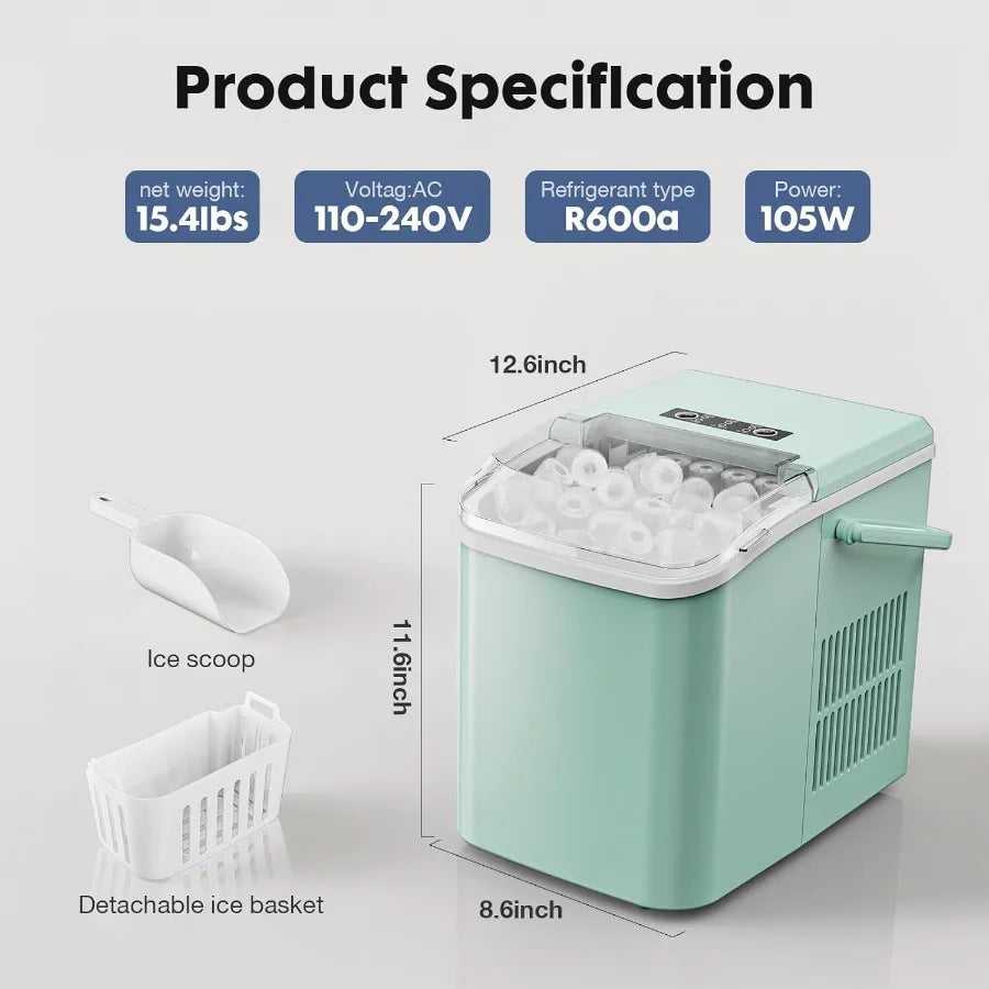 Portable Countertop Ice Maker with Scoop Basket and Handle 9 Ice Cubes in 6 Mins 26.5lbs in 24Hrs 2 Sizes for Home Kitchen Offi